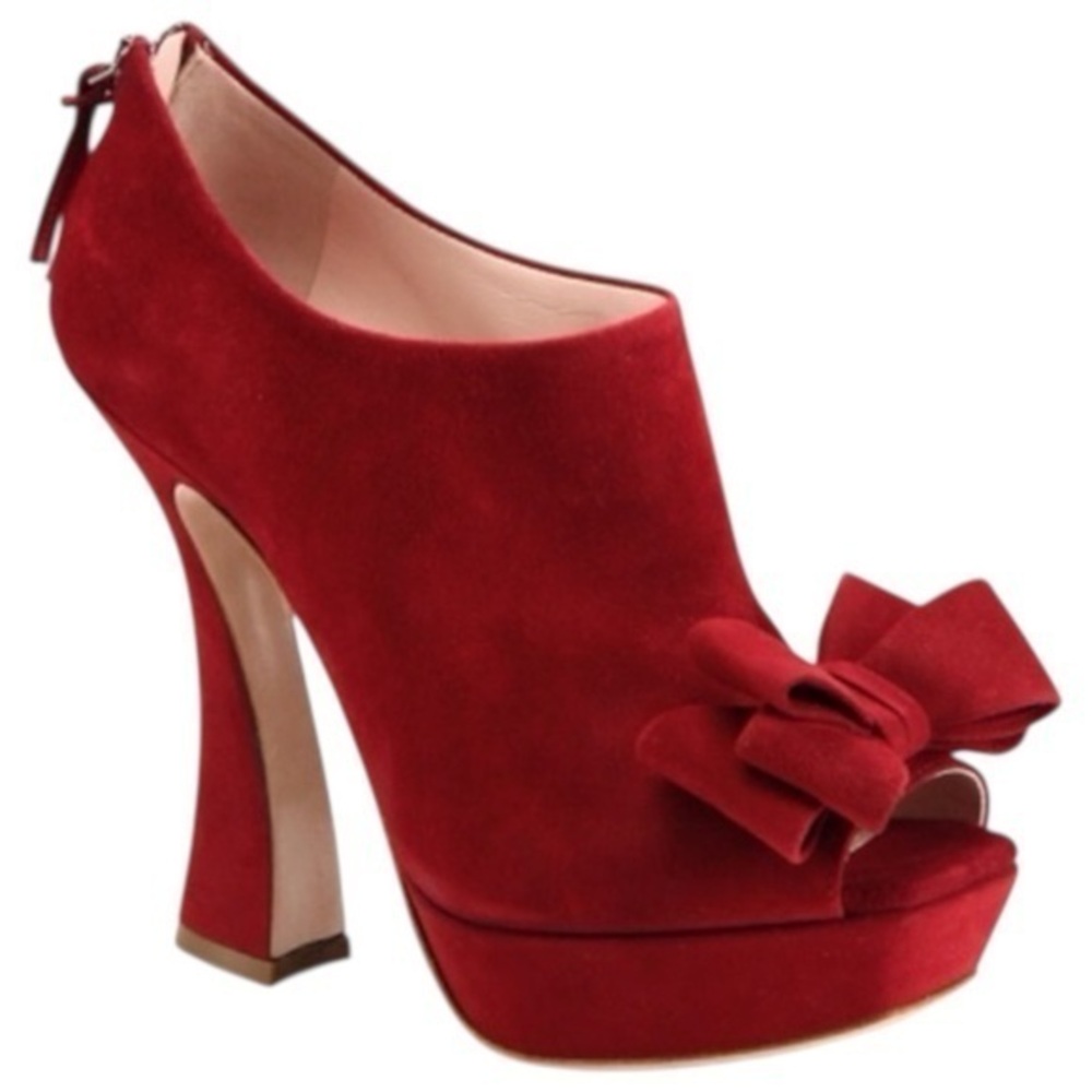 Miu Miu Women’s Size 38 Red Suede Bow Front Peep Toe Platform Zipper Back Heels